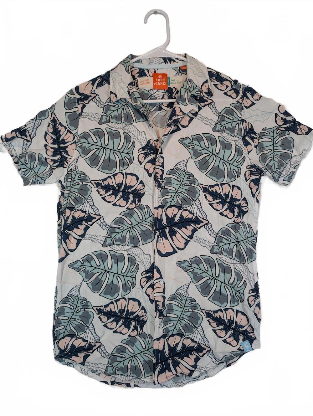 Free Planet Tropical Leaf Button Up Shirt Short Sleeve Casual Mens Small